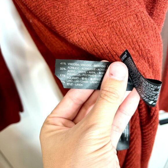 Zara Knit Rust Orange Brown V-Neck Knit Boho Linen Blend Sweater Dress Small - Picture 5 of 6